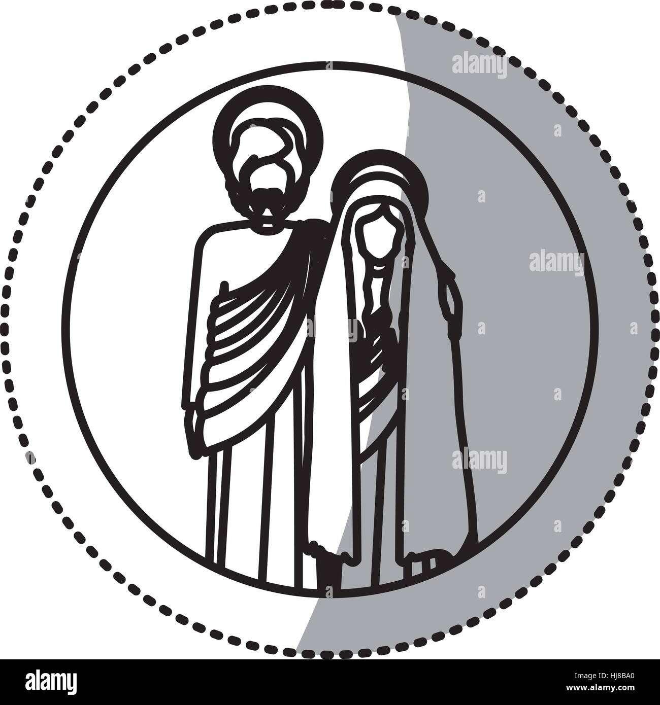 Adesivo circolare silhouette con la Vergine Maria e san Giuseppe abbracciato illustrazione vettoriale Illustrazione Vettoriale