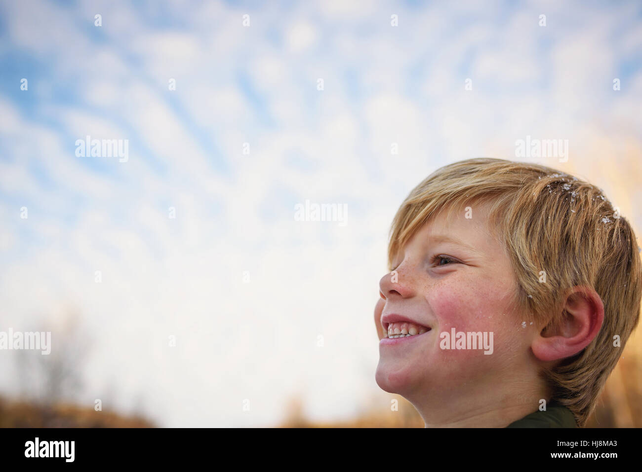 Ritratto di un ragazzo con i fiocchi di neve nei suoi capelli Foto Stock