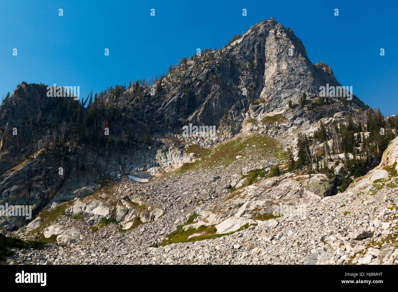 Gran Teton picchi torreggianti sopra il Lago delle falesie Trail nel Teton Mountains. Il Parco Nazionale del Grand Teton, Wyoming Foto Stock