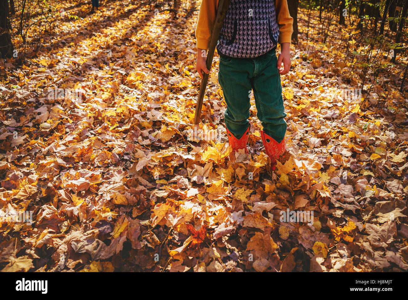 Ragazzo indossare stivali da cowboy a piedi attraverso le foglie di autunno Foto Stock
