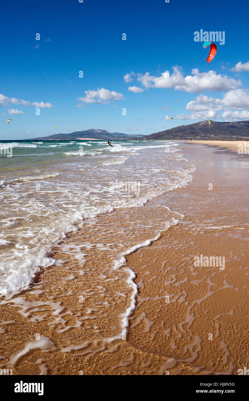 Il kite surf, Spiaggia Los Lances Tarifa, Cadice, Andalusia, Spagna Foto Stock