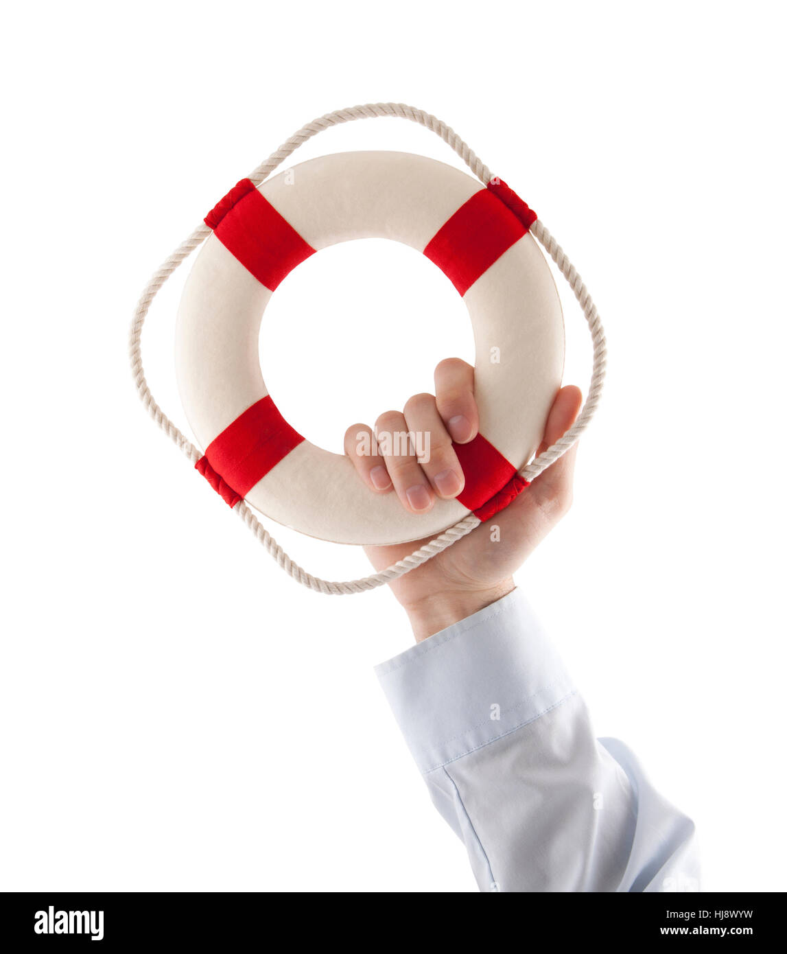 Mano che tiene un salvagente isolato su bianco con tracciato di ritaglio Foto Stock