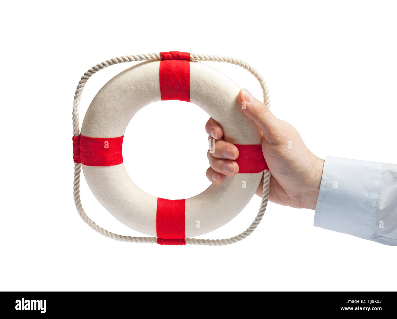 Mano che tiene un salvagente isolato su bianco con tracciato di ritaglio Foto Stock