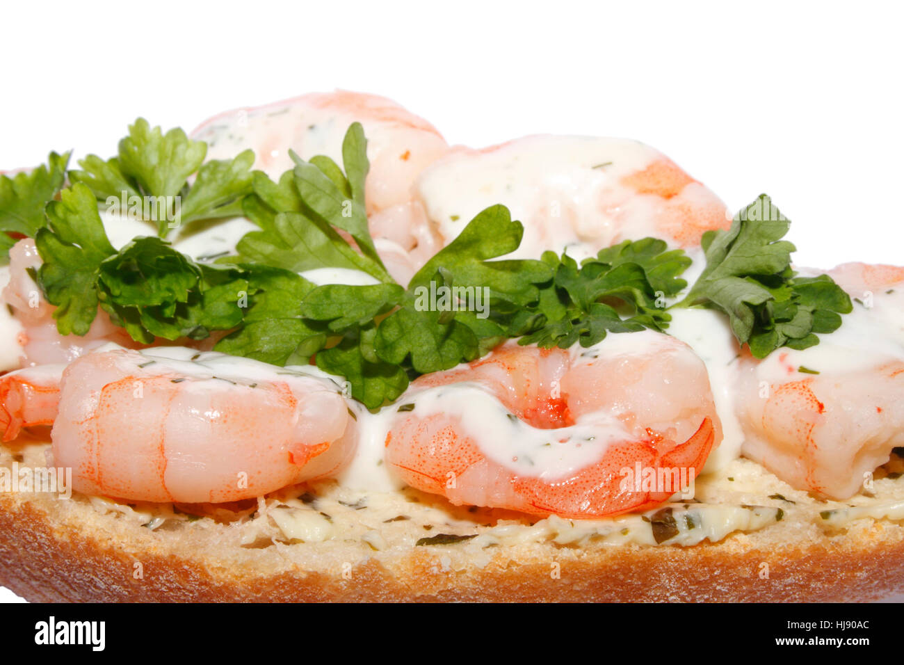 Piatti di pesce, gamberi, roll, kaiser, snack e cibo, aliment, isolato, opzionali Foto Stock