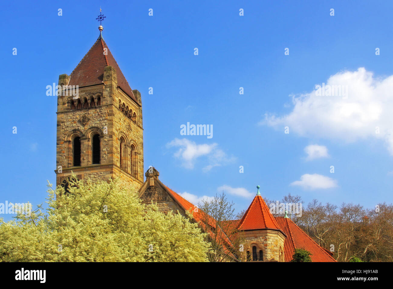 La chiesa, Steeple, parrocchiale evangelica, peterskirche, Torre, chiesa, fiorisce, molla Foto Stock