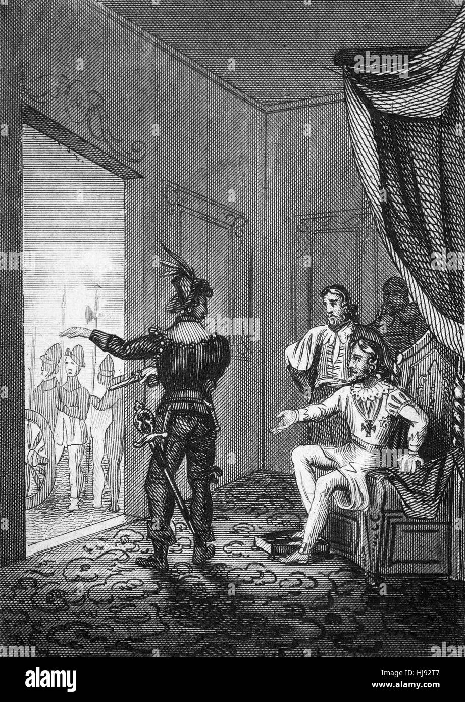 Charles I (1600 - 1649) fu monarca dei tre regni di Inghilterra e Scozia e Irlanda. Nel gennaio 1647, il Parlamento ha tenuto Charles agli arresti domiciliari a Holdenby House nel Northamptonshire fino al Cornet George Joyce lo prese dalla minaccia della forza da Holdenby il 3 giugno nel nome della New Model Army. Foto Stock