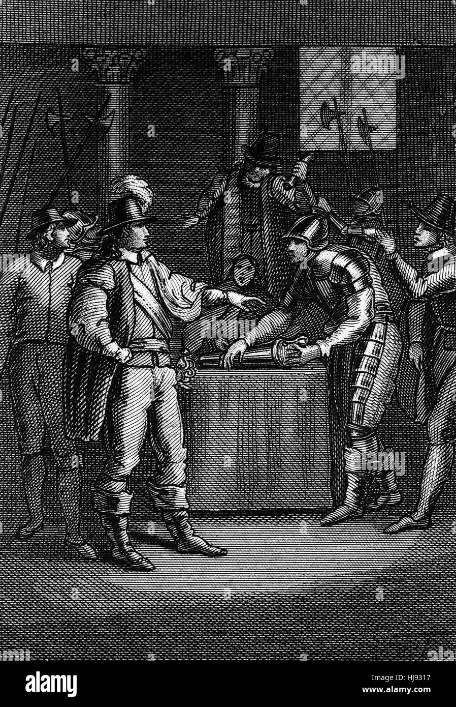 Oliver Cromwell (1599 - 1658), militare inglese e leader politico e più tardi il signore Protector del Commonwealth di Inghilterra, Scozia e Irlanda, sciogliendo il Parlamento molto, in aprile 1653. Foto Stock