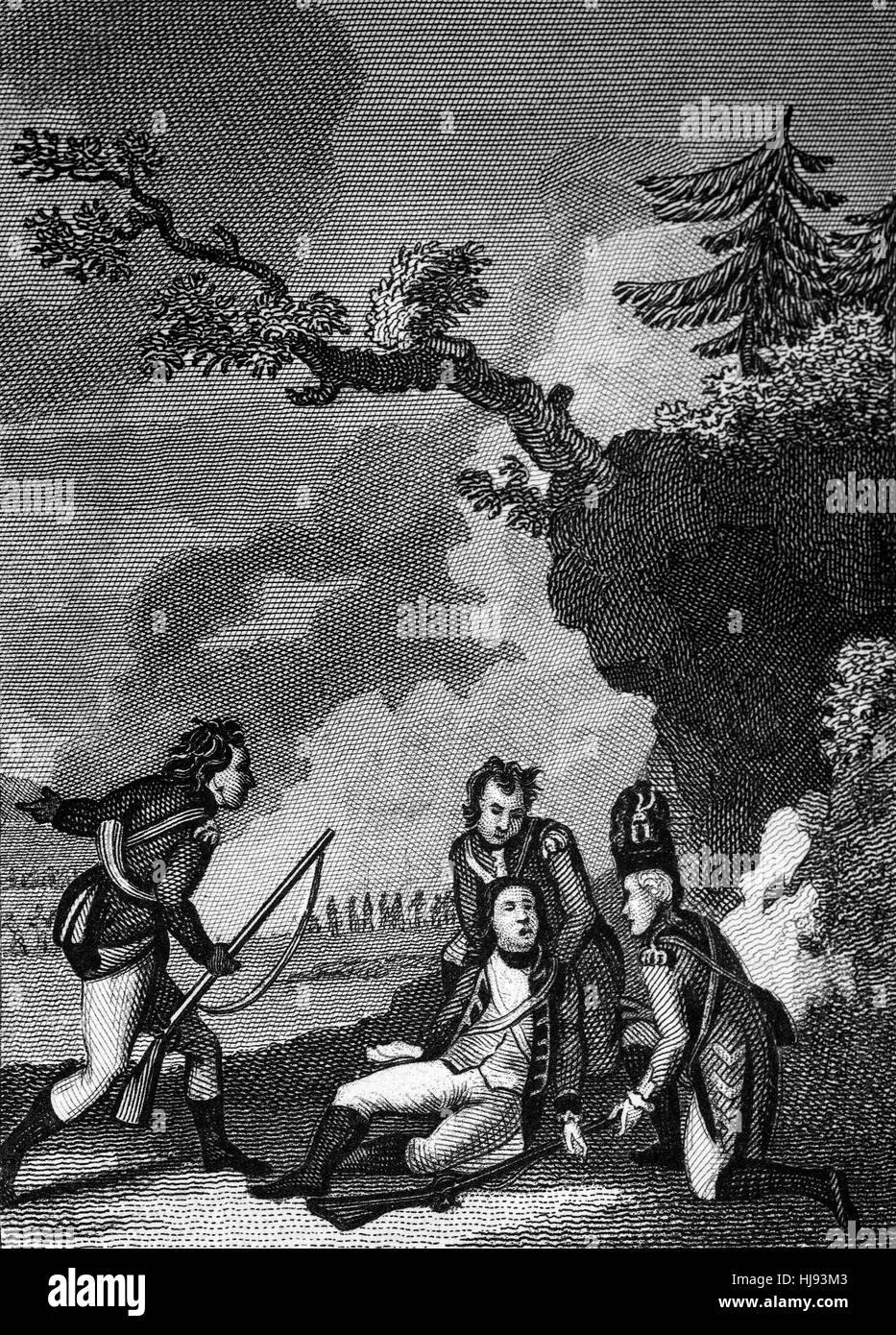 Il Maggiore Generale James Wolfe (1727 - 1759) era un ufficiale dell'esercito britannico, noto per la sua formazione riforme ma ricordata soprattutto per la sua vittoria sui francesi nella Battaglia delle pianure di Abramo, aka la battaglia del Québec in Canada nel settembre 1759, durante la quale egli è morto. È stata una battaglia pivotale nella Guerra dei Sette Anni, che è stato battuto dal British Army e Navy contro l'esercito francese su un pianoro appena fuori le mura della città di Québec, sulla terra che originariamente era di proprietà di un contadino di nome Abramo Martin, quindi il nome della battaglia. Foto Stock