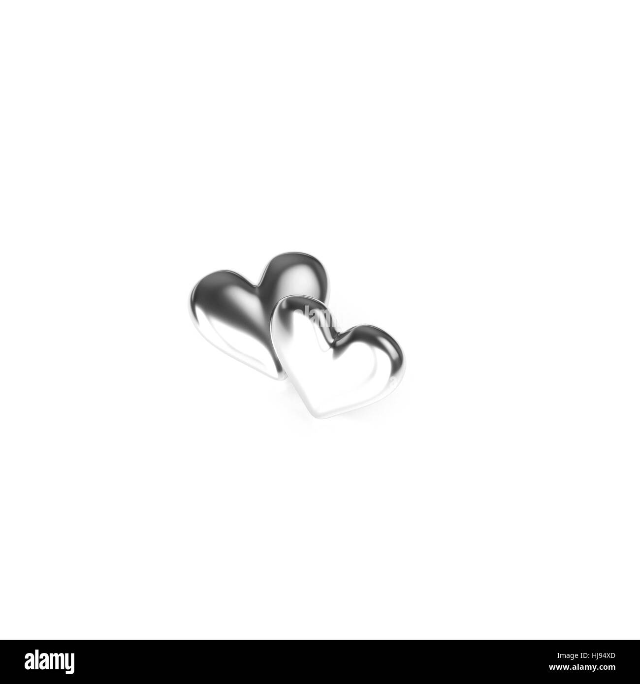 Due d'argento cuore su sfondo bianco. Il rendering 3D Foto Stock
