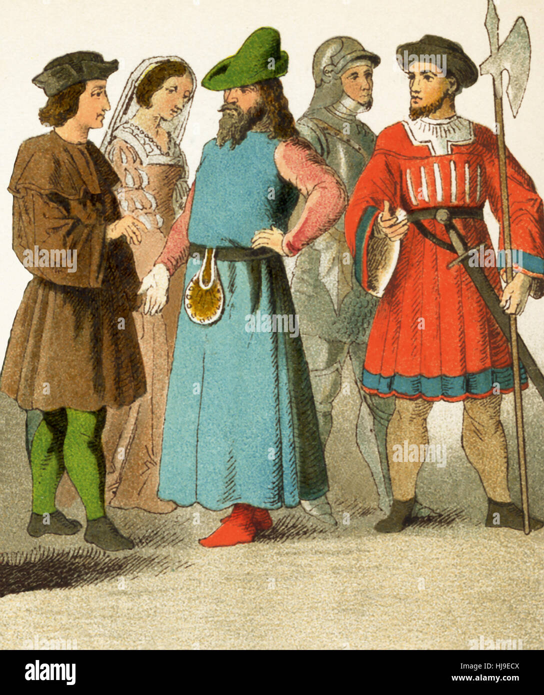 Le figure raffigurate qui rappresentano spagnolo nel 1400s. Essi sono, da sinistra a destra: uomo di rango, dama di corte, uomo di rango, cavaliere, soldato. L'illustrazione risale al 1882. Foto Stock