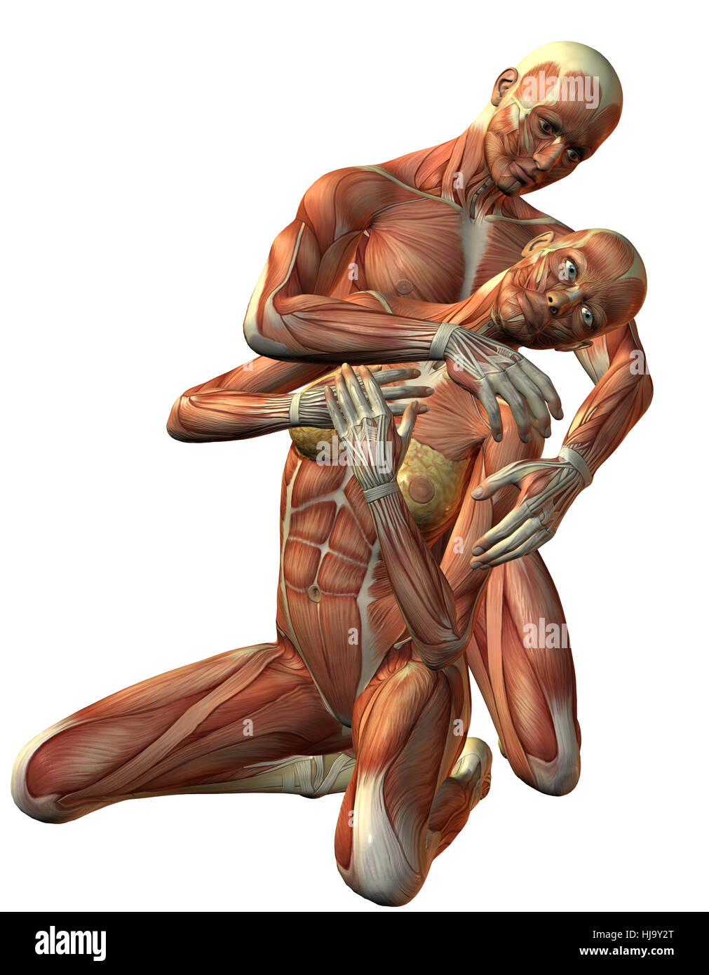3D Rendering Muskel Mann und Frau kniend Foto Stock