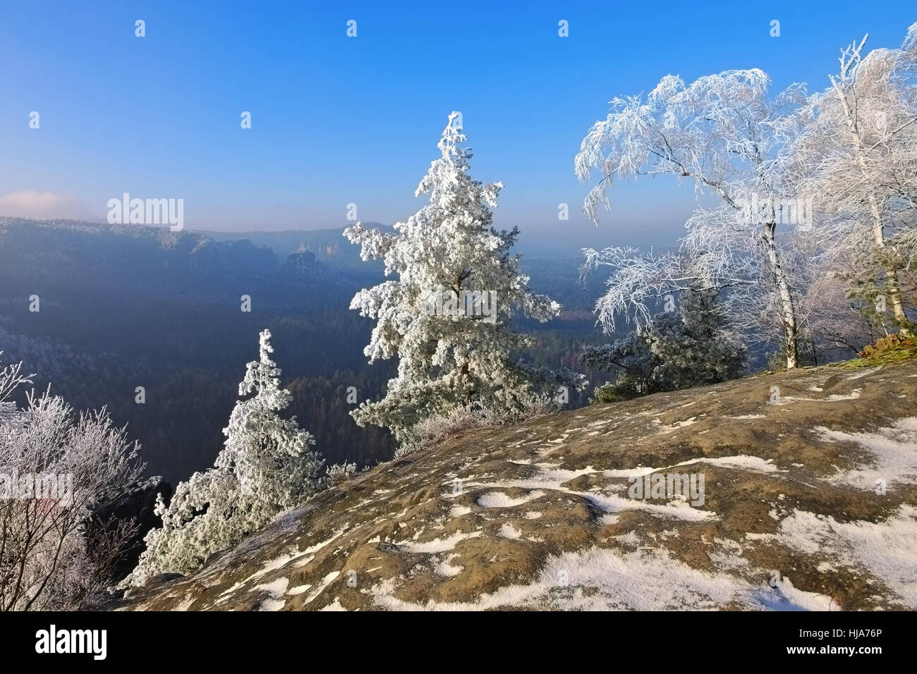 Elba montagne di arenaria in inverno e brina, vista dal monte Teichstein Foto Stock