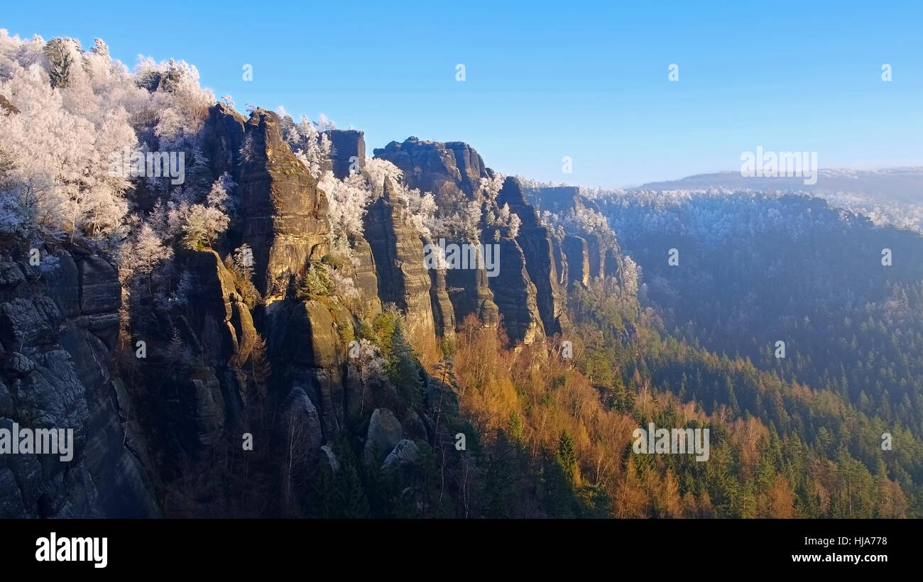 Elba montagne di arenaria in inverno e brina, mountain Winterberg Foto Stock