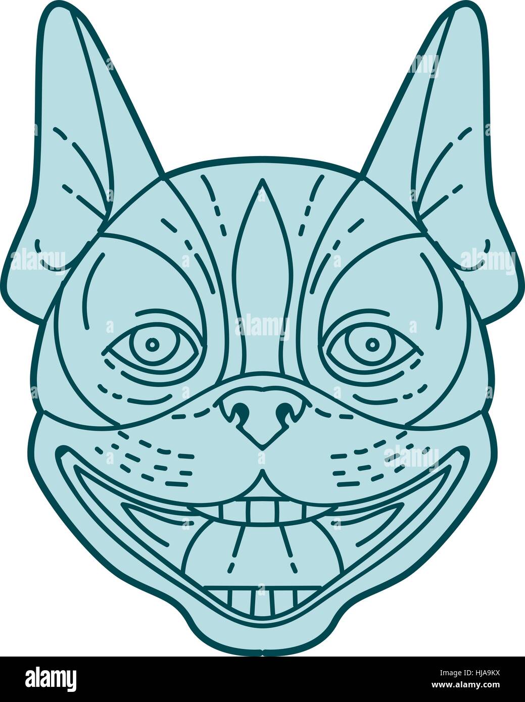 Ingresso linea mono illustrazione dello stile di Boston Terrier testa a ridere se visto dalla parte anteriore impostato su isolato sullo sfondo bianco. Illustrazione Vettoriale