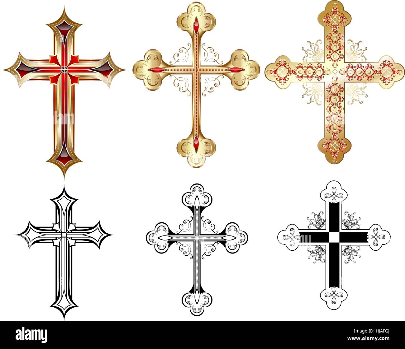 Tre croce in oro decorate con schema rosso e nero sagome della croce su uno sfondo bianco. Illustrazione Vettoriale