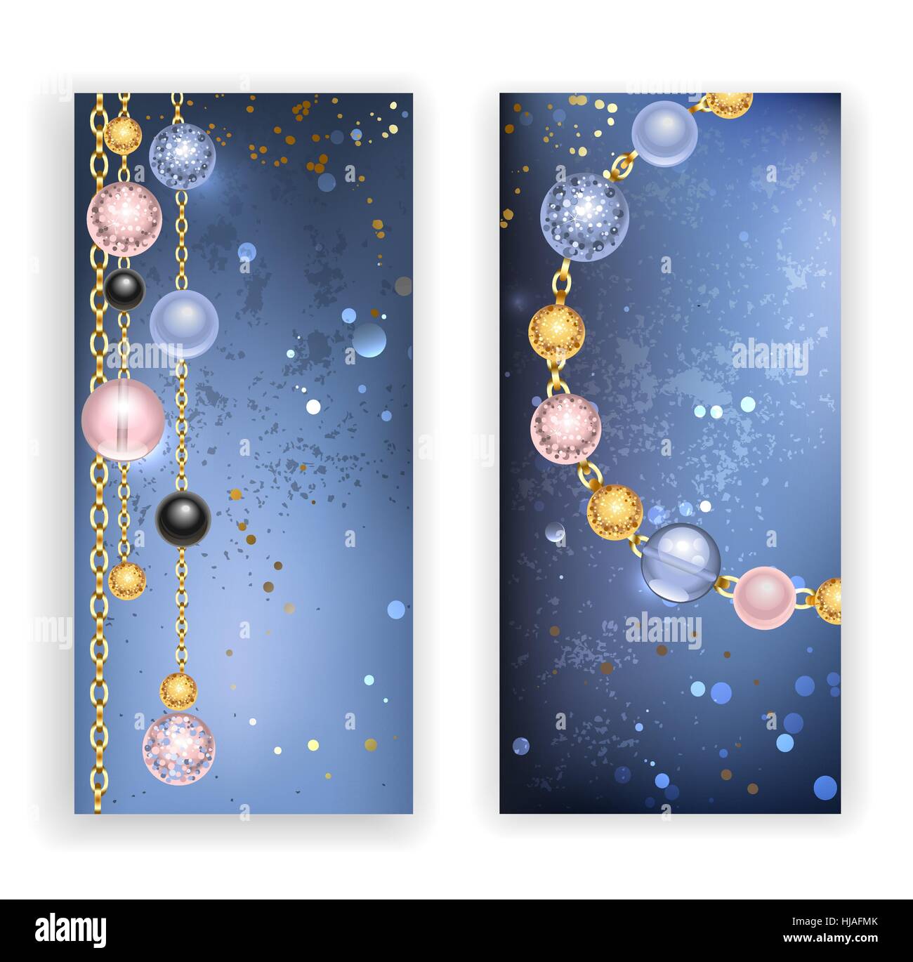 Due striscioni con nero, rosa, blu perle e catene in oro su sfondo blu tessiturali sfondo. Colore alla moda. Gioielli di Design.Quarzo rosa e serenità. Illustrazione Vettoriale