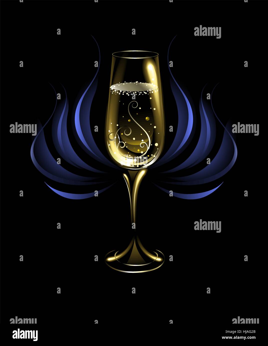 Artisticamente dipinte, alto, incandescente con un golden champagne vetro su uno sfondo nero, decorata con abstract fiore blu. Illustrazione Vettoriale