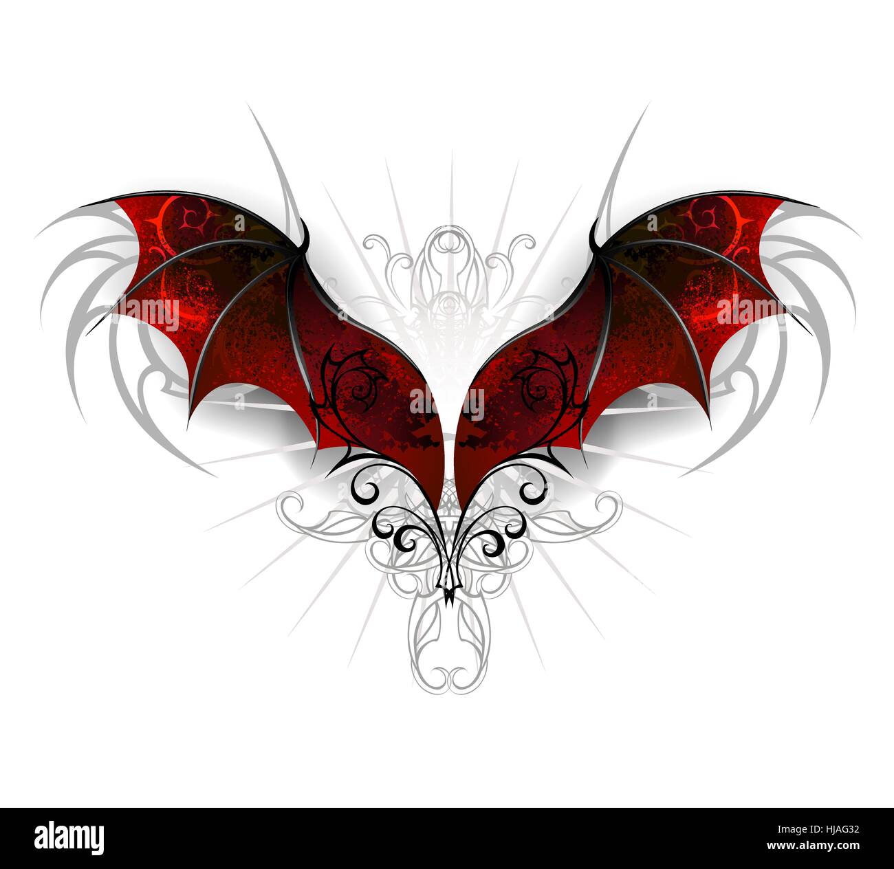 Rosso, testurizzata ali del drago su uno sfondo bianco. Stile Gothick Illustrazione Vettoriale