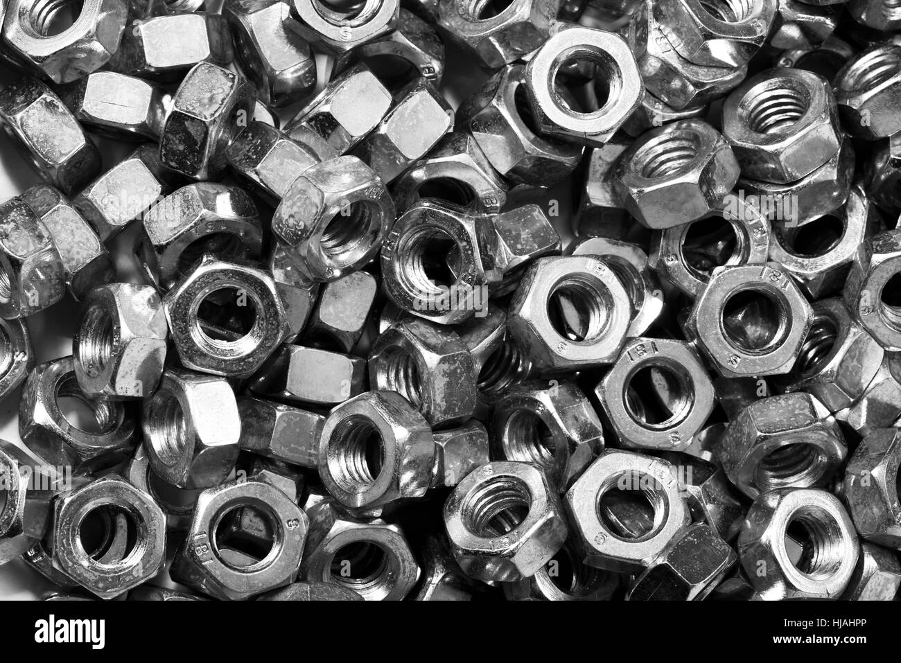 Scopo, femmina, vite, metallo, dado esagonale, molti, utensile oggetto, macro, Foto Stock