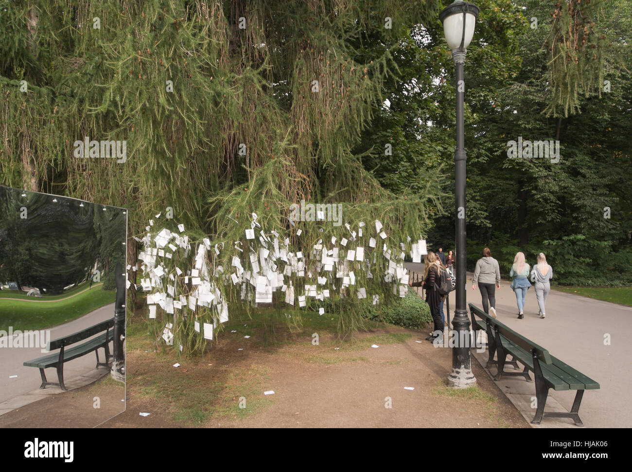 Il WISHING TREE, Ønsketreet; Royal Palace park, Oslo Norvegia, popoli pensieri per il futuro la Norvegia appeso su un larice Foto Stock