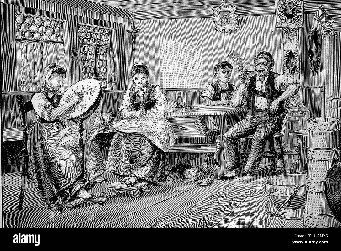 Famiglia una domenica pomeriggio in un soggiorno in una fattoria nell'aerea di Appenzell, una regione in Svizzera, immagine storica o illustrazione a partire dall'anno 1894, digitale migliorata Foto Stock