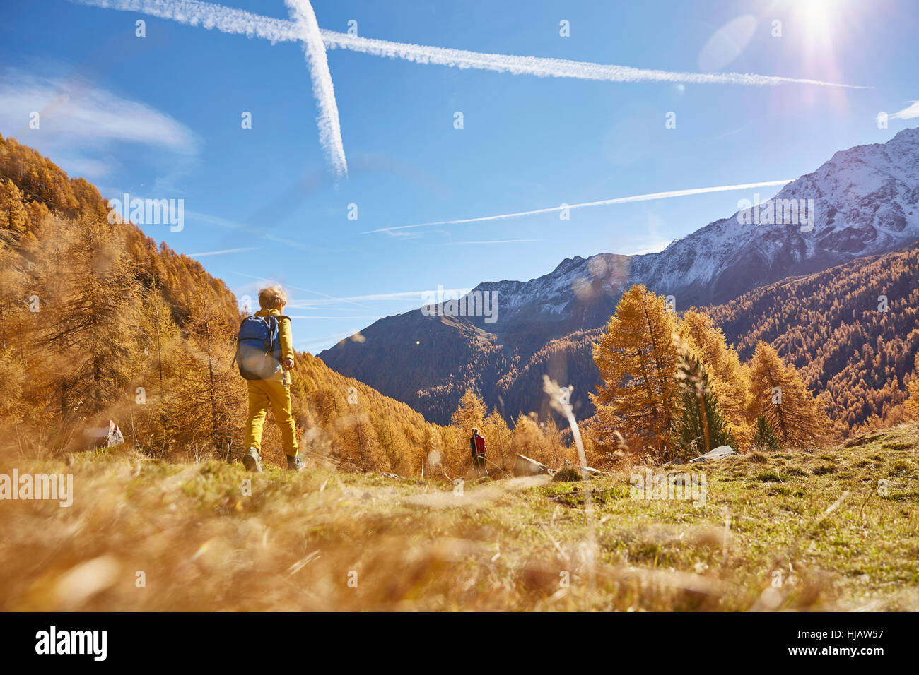 Woman Hiking, vista posteriore, basso angolo visuale, Val Senales Alto Adige - Italia Foto Stock