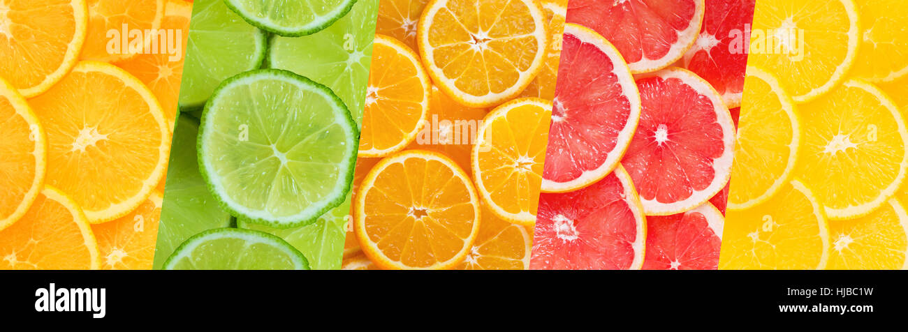 Raccolta di arance fresche, pompelmo, mandarini arance e calce. Bella estate collage di frutta Foto Stock