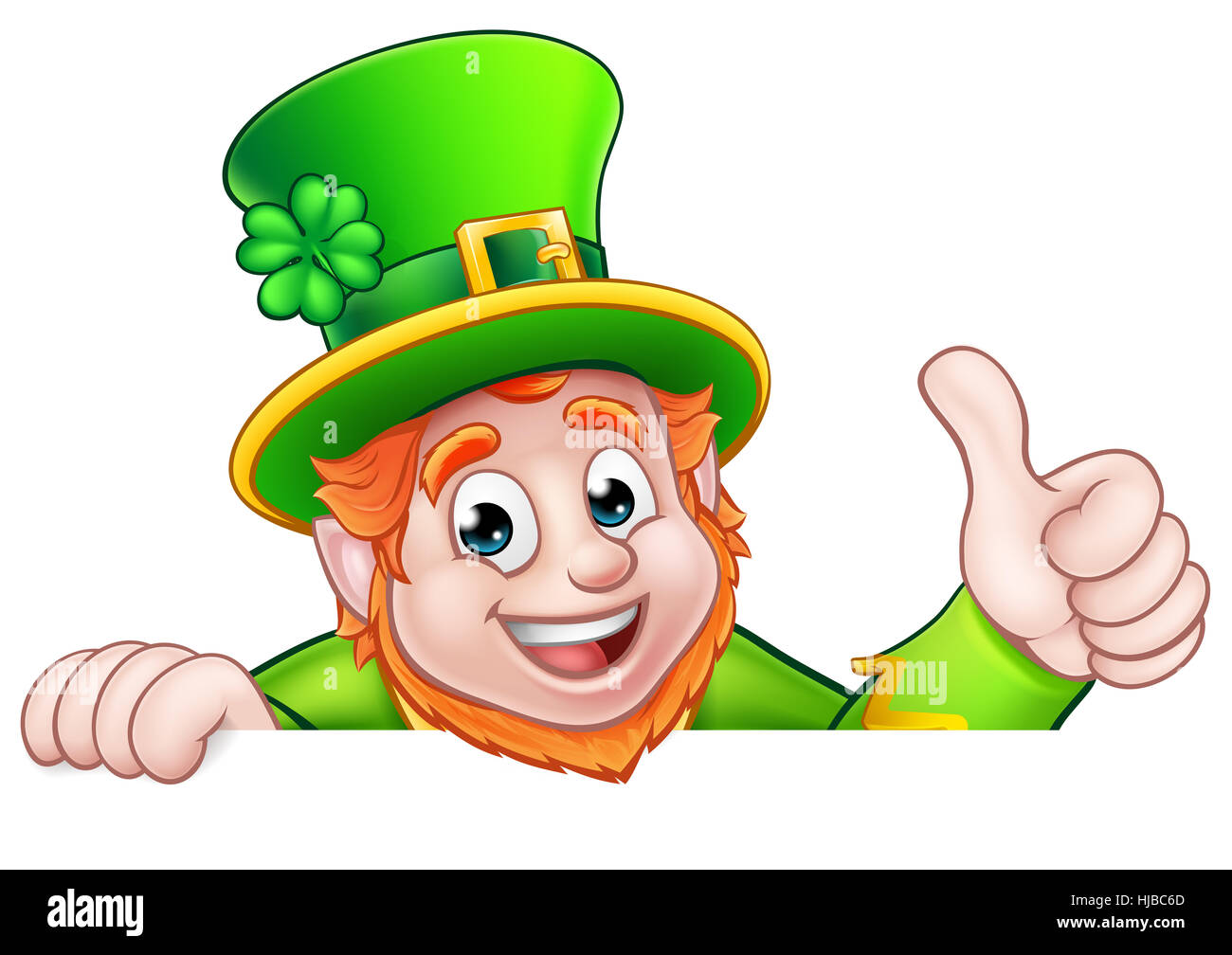 Cartoon Leprechaun il giorno di San Patrizio carattere peeking oltre il segno e dando un pollice in alto Foto Stock