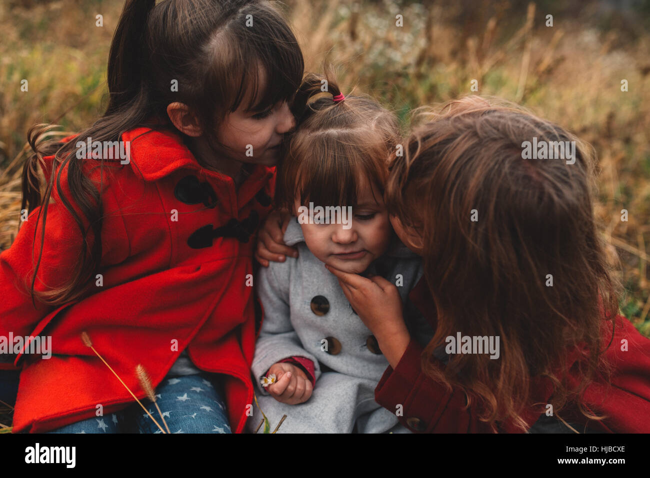 Due ragazze kissing toddler sorella in campo Foto Stock