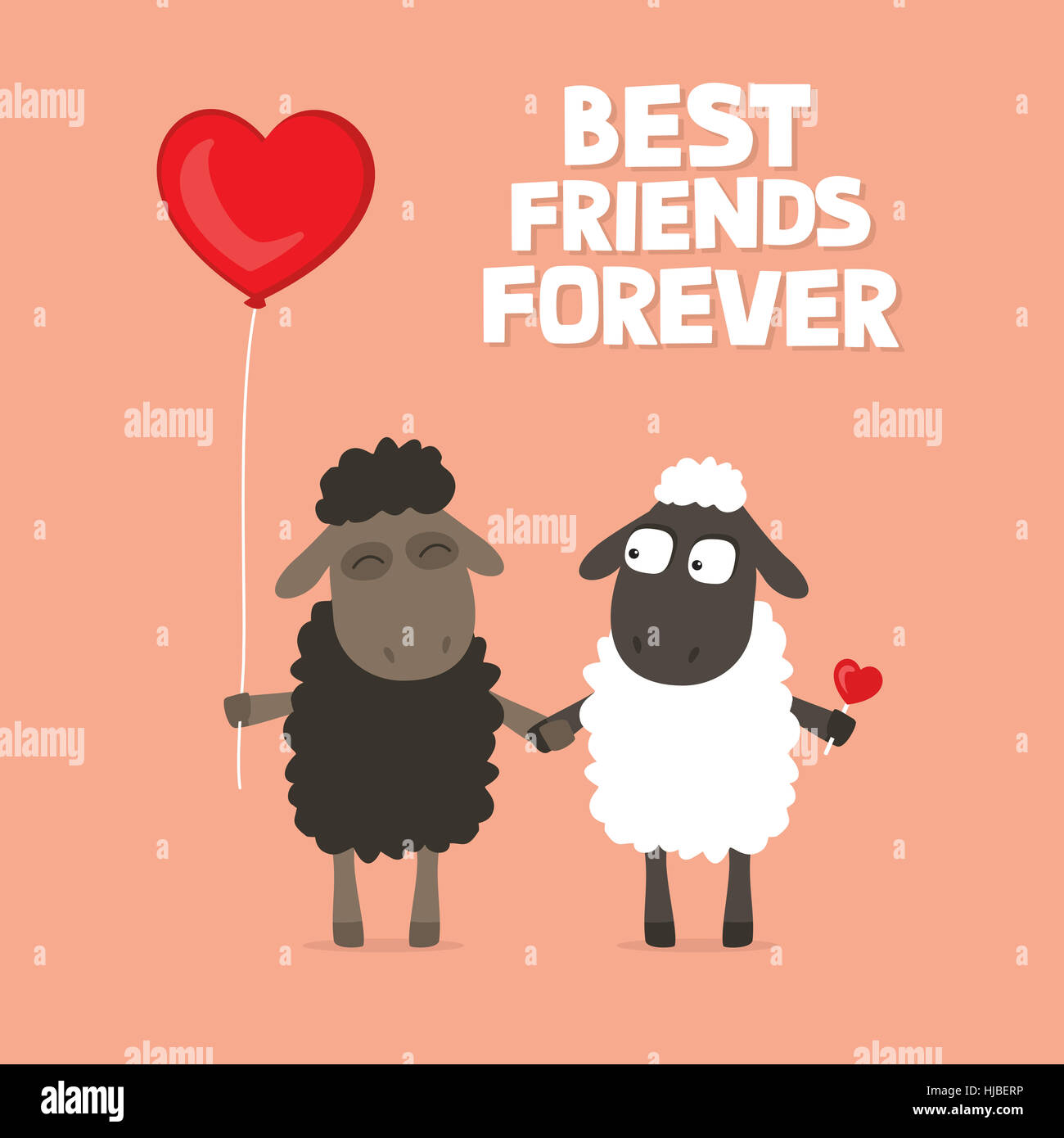 Il giorno di San Valentino card con Cartoon carino pecore tenendo le mani con il testo che dice i migliori amici per sempre su un sfondo rosa, con cuore palloncino a forma di Foto Stock