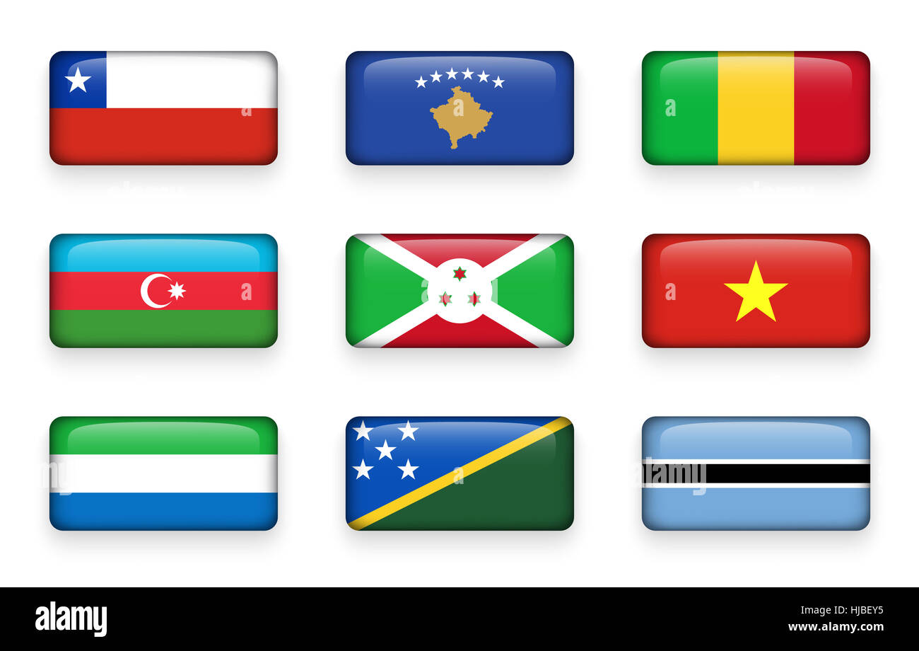 Set di bandiere del mondo rettangolo pulsanti ( Cile . Il Kosovo . Mali . Azerbaigian . Burundi . Il Vietnam . Sierra Leone . Isole Salomone . Il Botswana ) Foto Stock