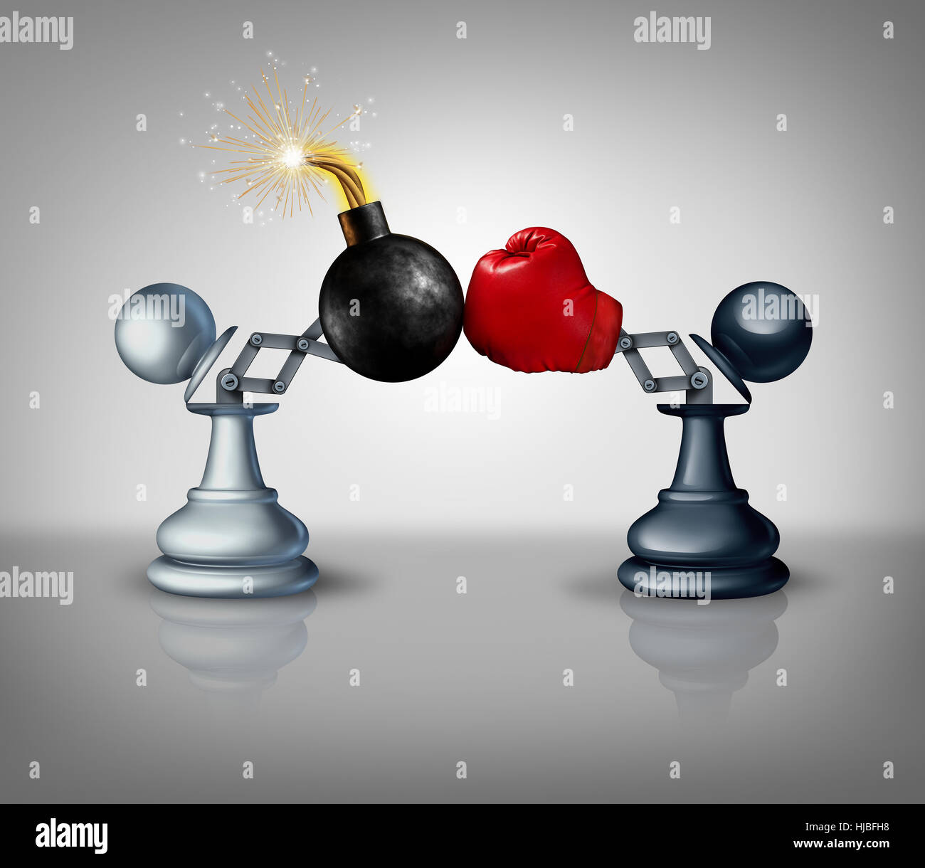 Strategia aggressiva concept come due apri chess pegni con un guanto di boxe combattimenti con una bomba esplosiva in un business come metafora della concorrenza per strateg Foto Stock