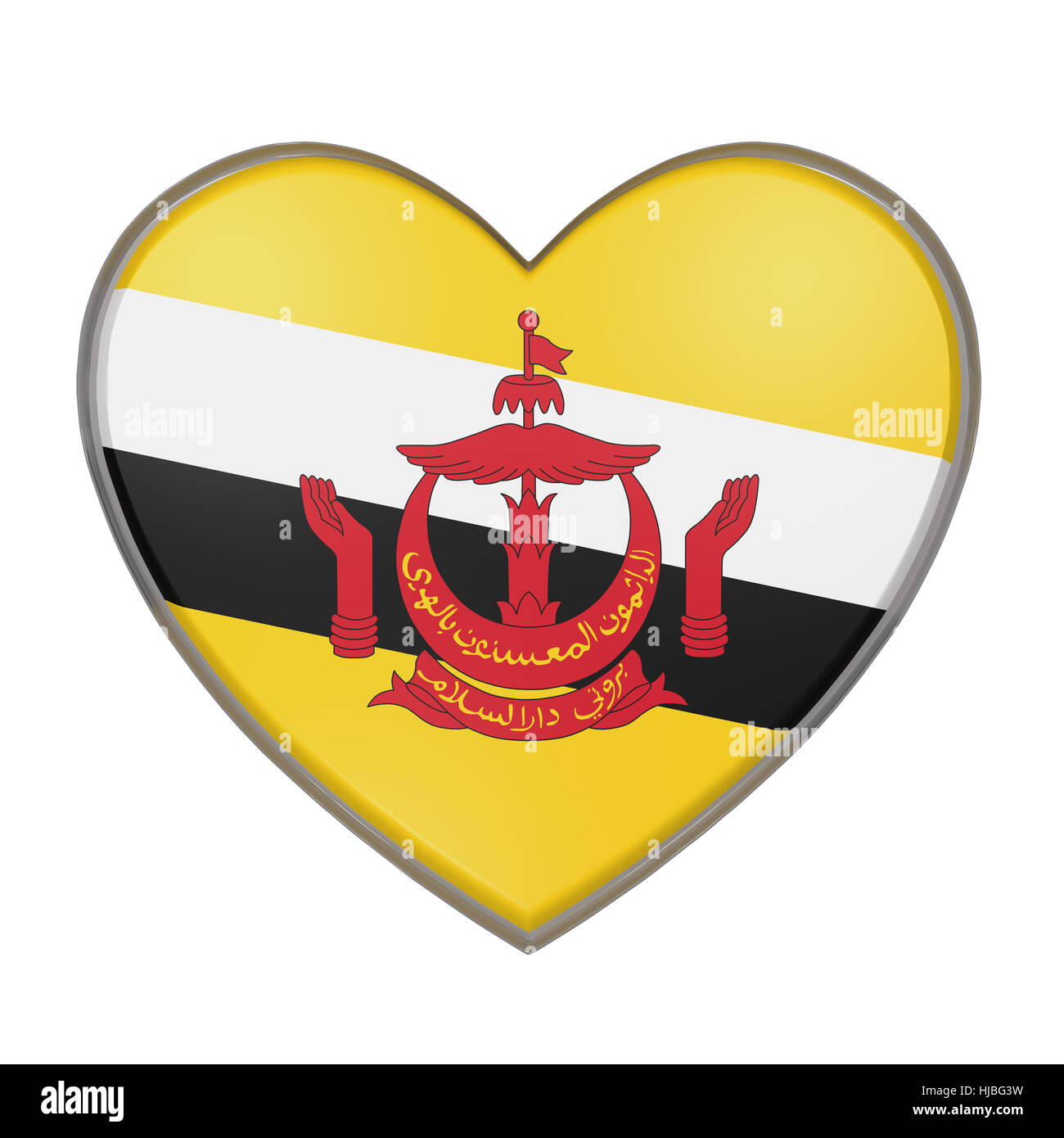 3D rendering di una bandiera Brunei su un cuore. Sfondo bianco Foto Stock