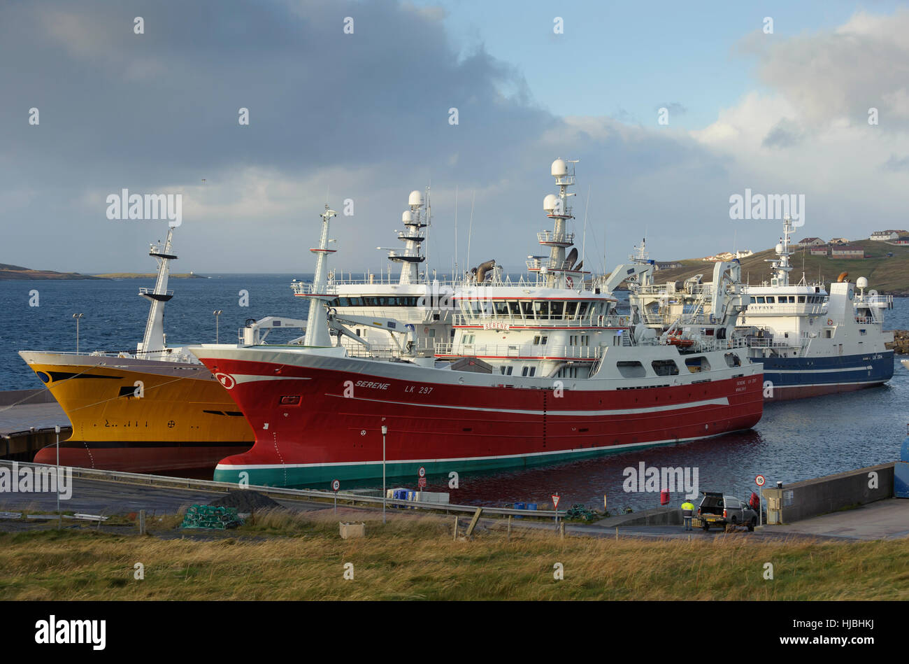 Reti da traino pelagiche (L a R) carisma, sereno e Zephyr in porto a Symbister, isola di Whalsay, Shetland. Ottobre 2012. Foto Stock