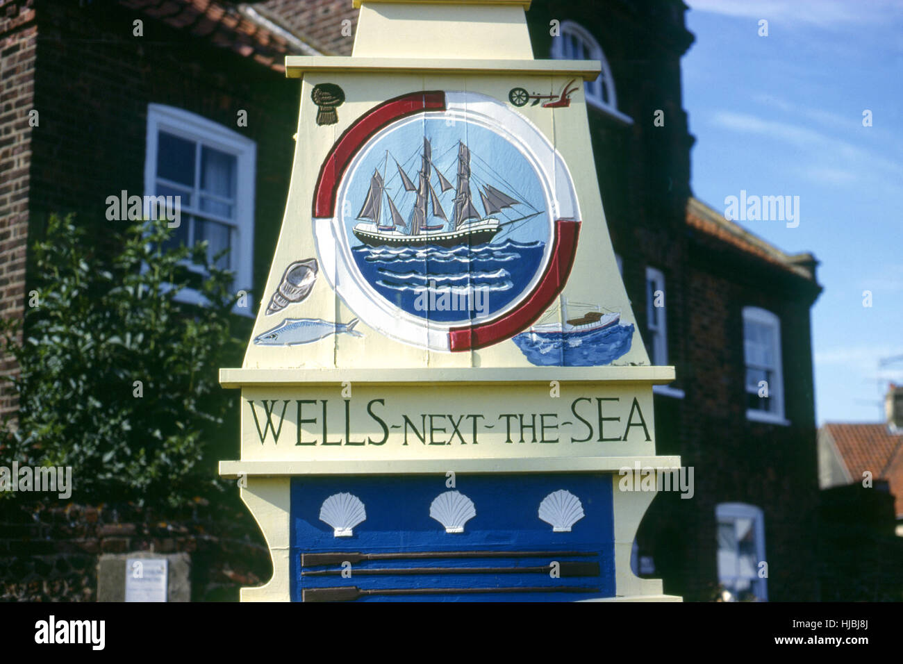 Città segno, Pozzi accanto al mare, Norfolk, Inghilterra Foto Stock