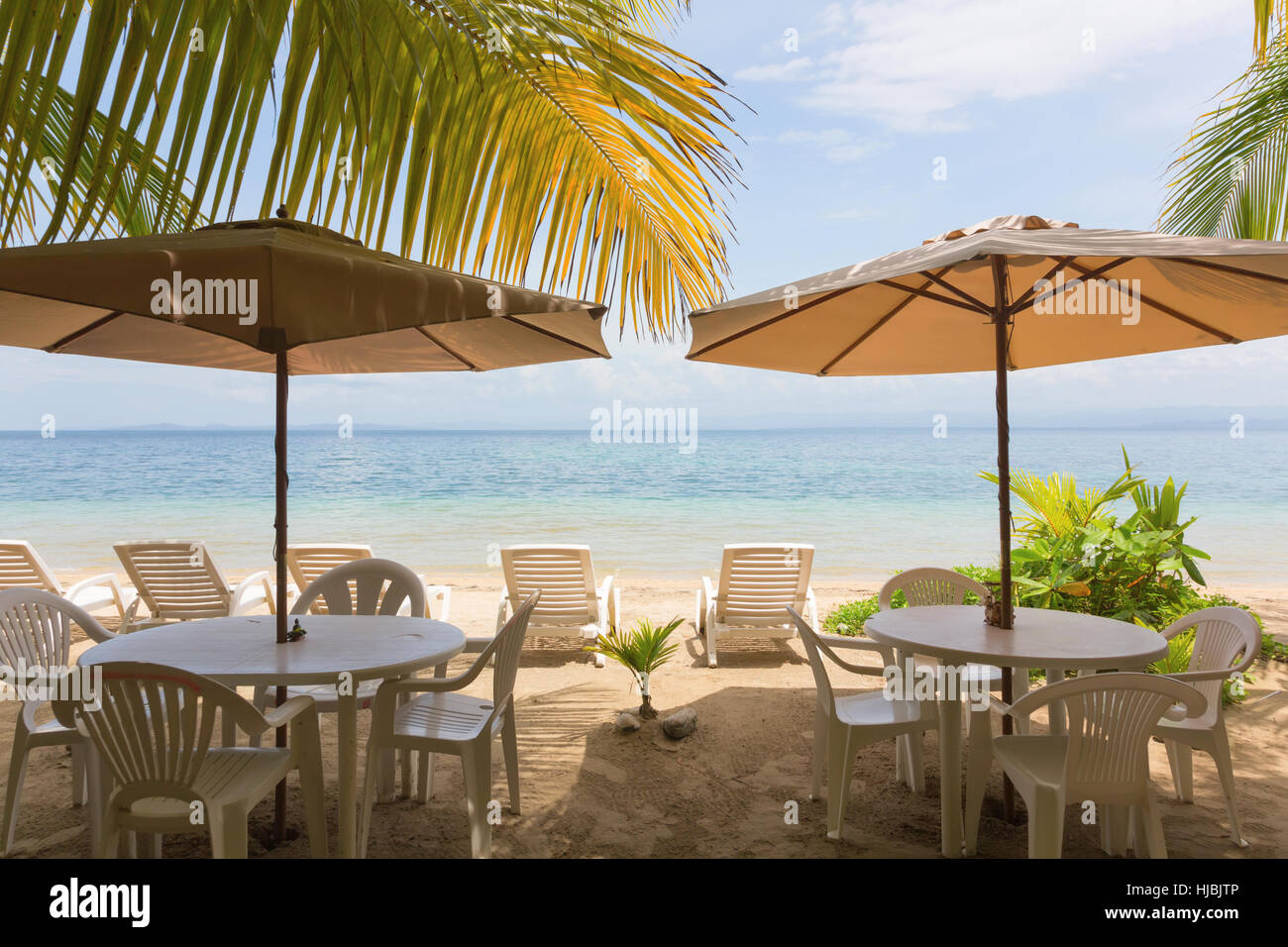 Ristorante tavoli, lettini e ombrellone sotto le foglie delle palme sulla spiaggia Foto Stock