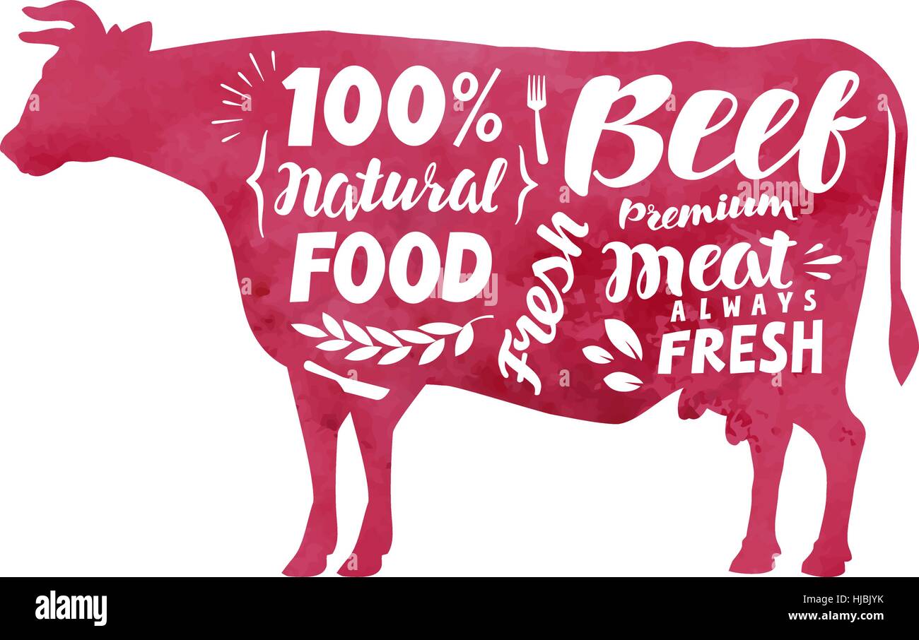 Carni, carni fresche bovine, vettore etichetta. Silhouette mucca con caratteri Illustrazione Vettoriale