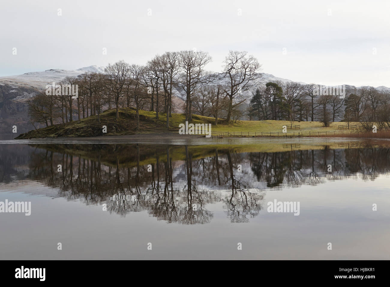 Montagne e alberi riflessa nella calma superficie di Derwent Water, Keswick, Cumbria, Lake District, England Regno Unito Foto Stock