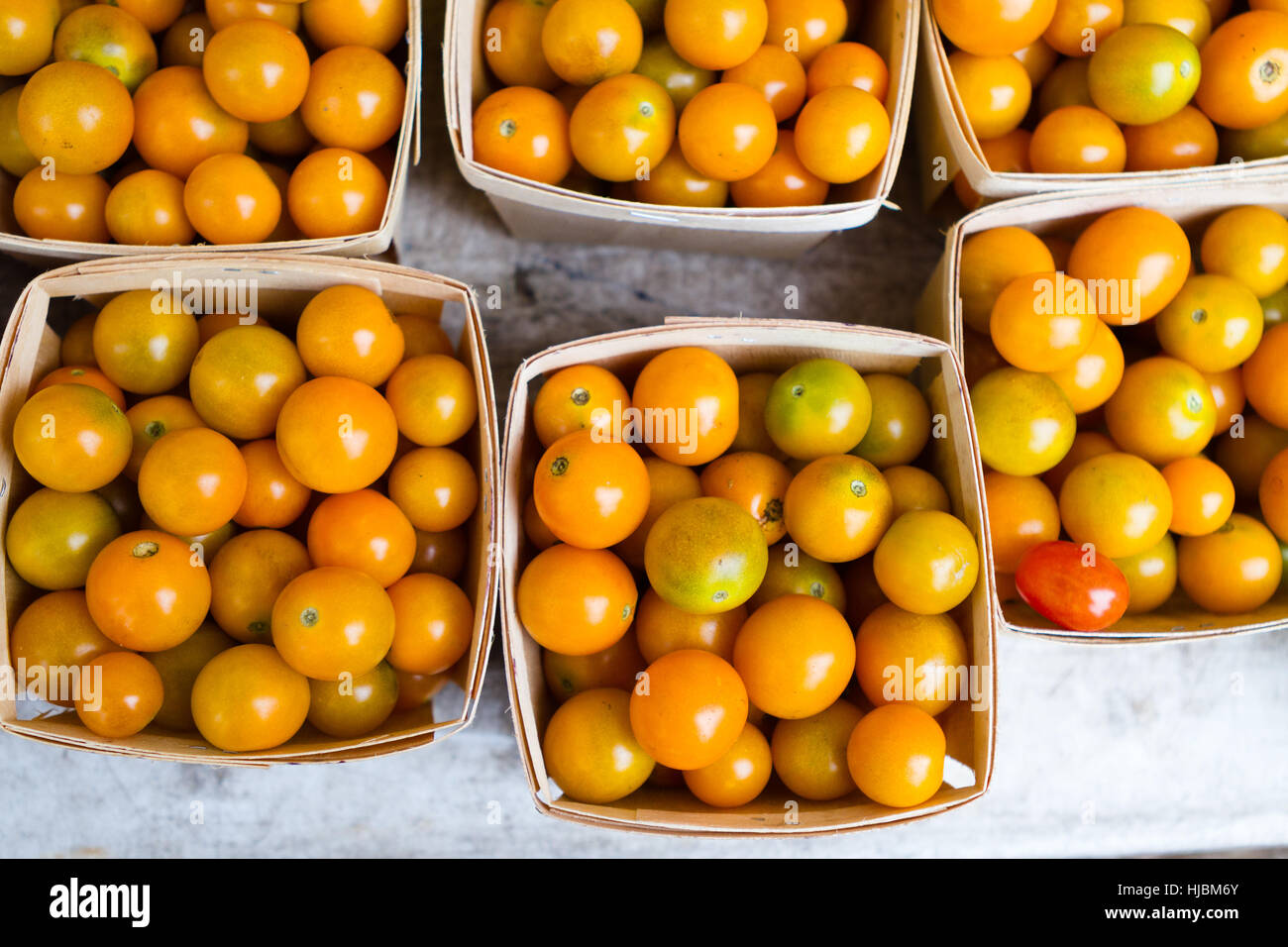 Cestini di golden pomodori ciliegia al Green City farmers market in Chicago Illinois Foto Stock