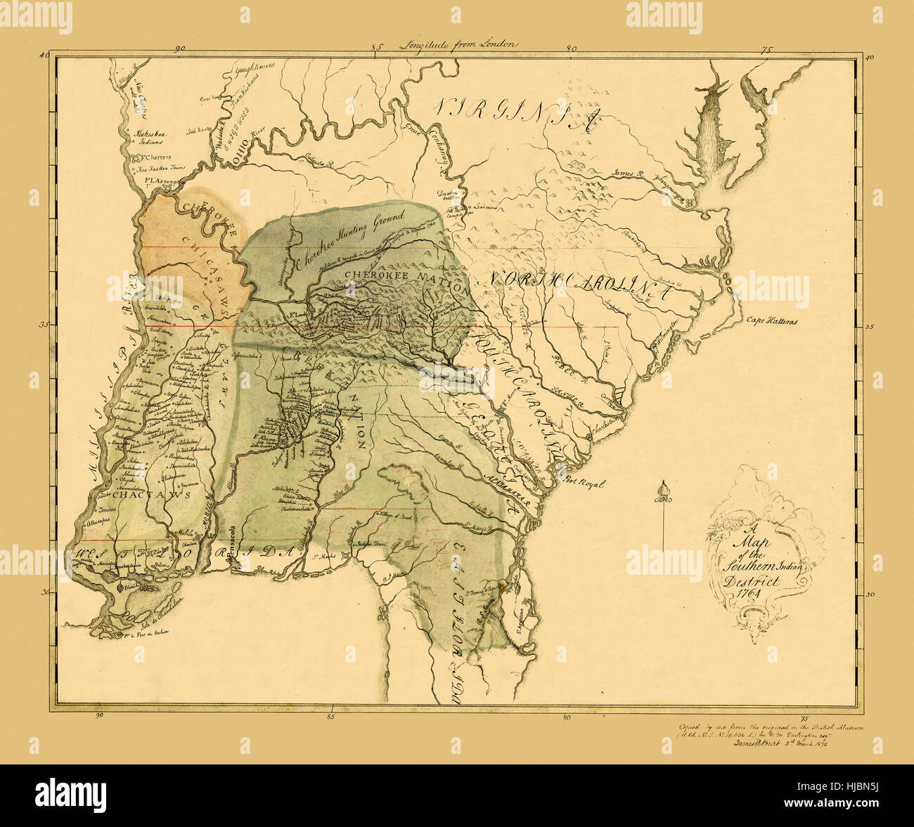 Mappa della nazione Cherokee 1764 Foto Stock