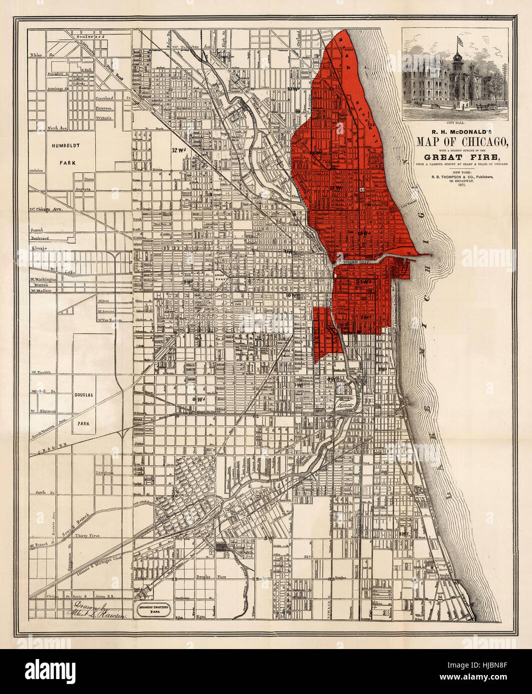 Grande incendio di Chicago Foto Stock