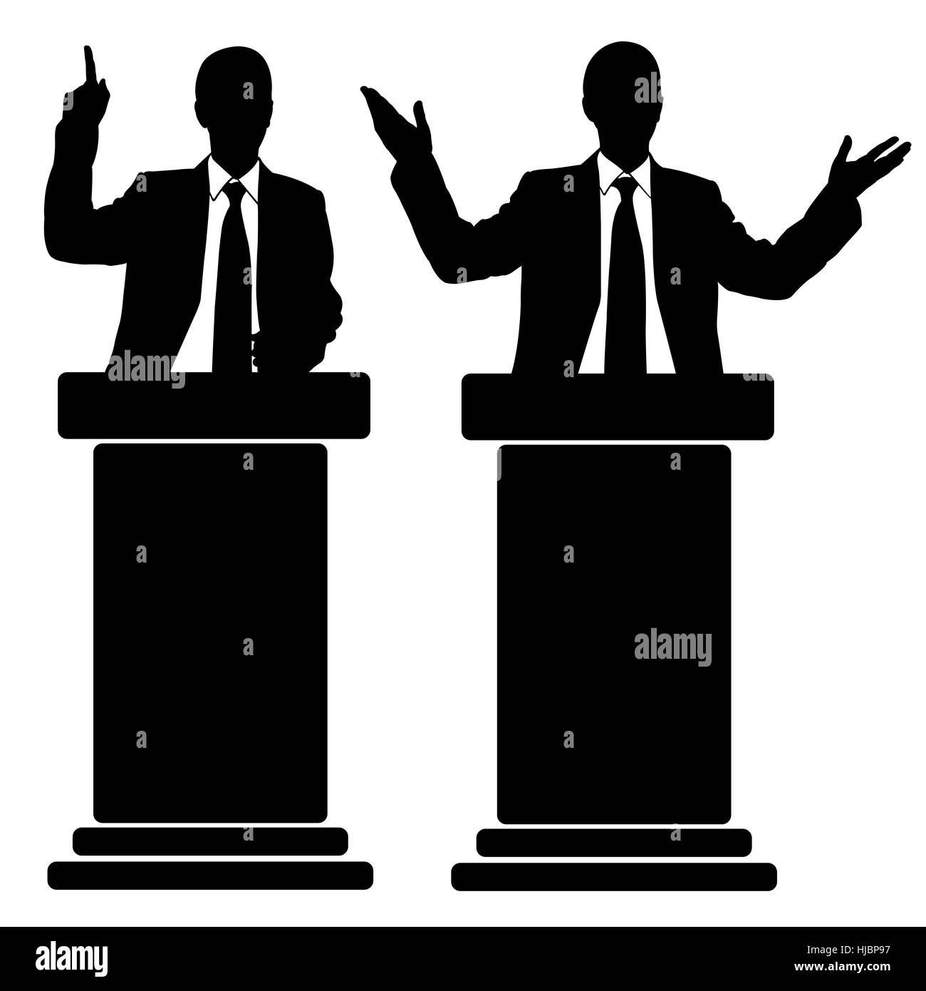 Sagome di uomini che parlano da tribune isolato Foto Stock