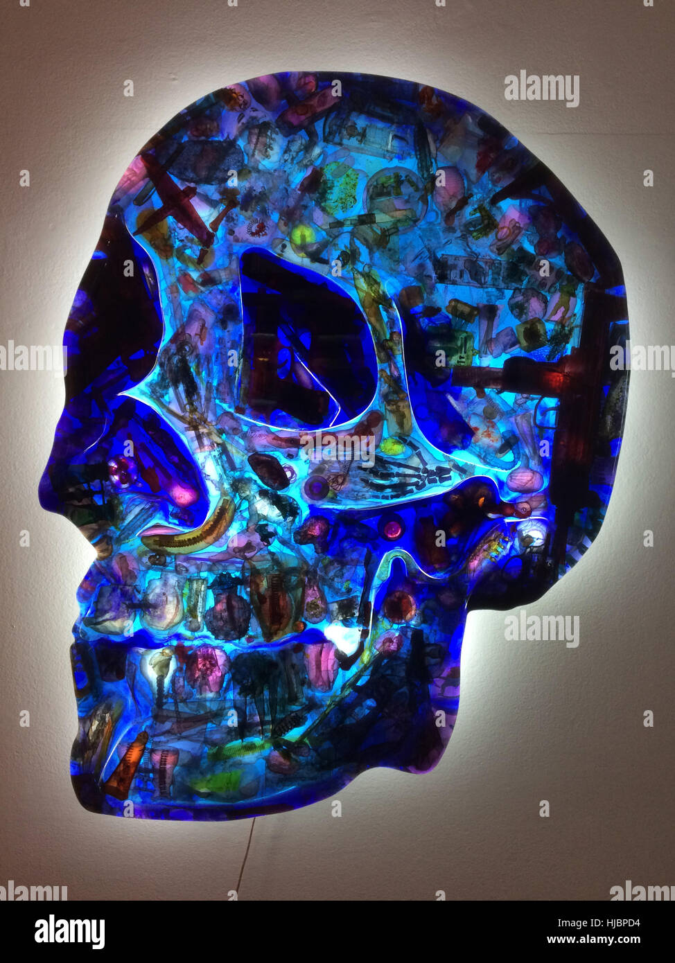 Illustrazione di vetro il cranio da Czech visual artist David Cerny a sua mostra nella galleria DSC a Praga, Repubblica Ceca. La mostra viene eseguito fino al 26 novembre 2016. Foto Stock