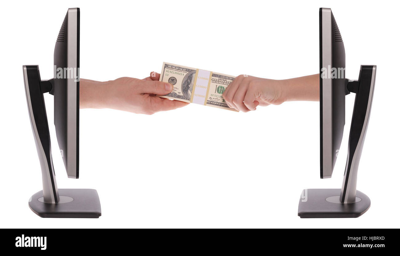 Il monitor di un computer su sfondo bianco. mani allungamento di un dollaro statunitense nota Foto Stock