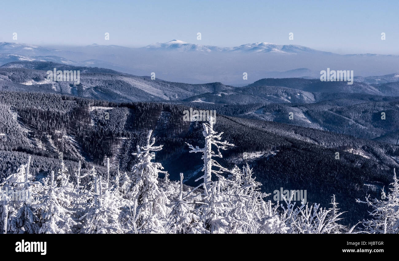 , Pilsko Babia hora e più basse colline più vicina di Beskids gamme della montagna dal Lysa Hora hill in Moravskoslezske Beskydy montagne durante il gelido inverno Foto Stock