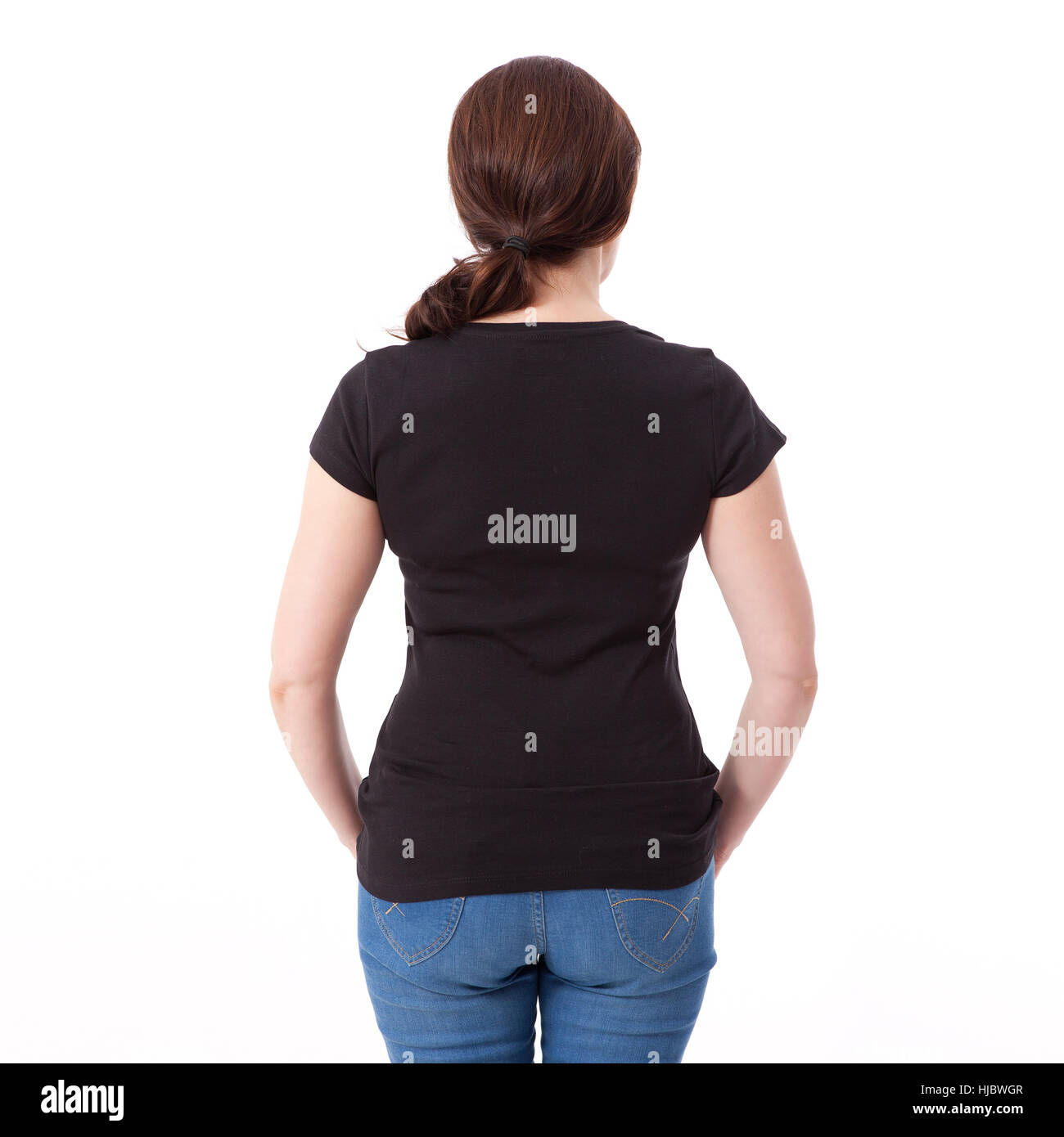 Shirt design e concetto di persone - close up della donna nel fustellato t-shirt retro isolato. Pulire vuoto mock up modello per il design. Foto Stock