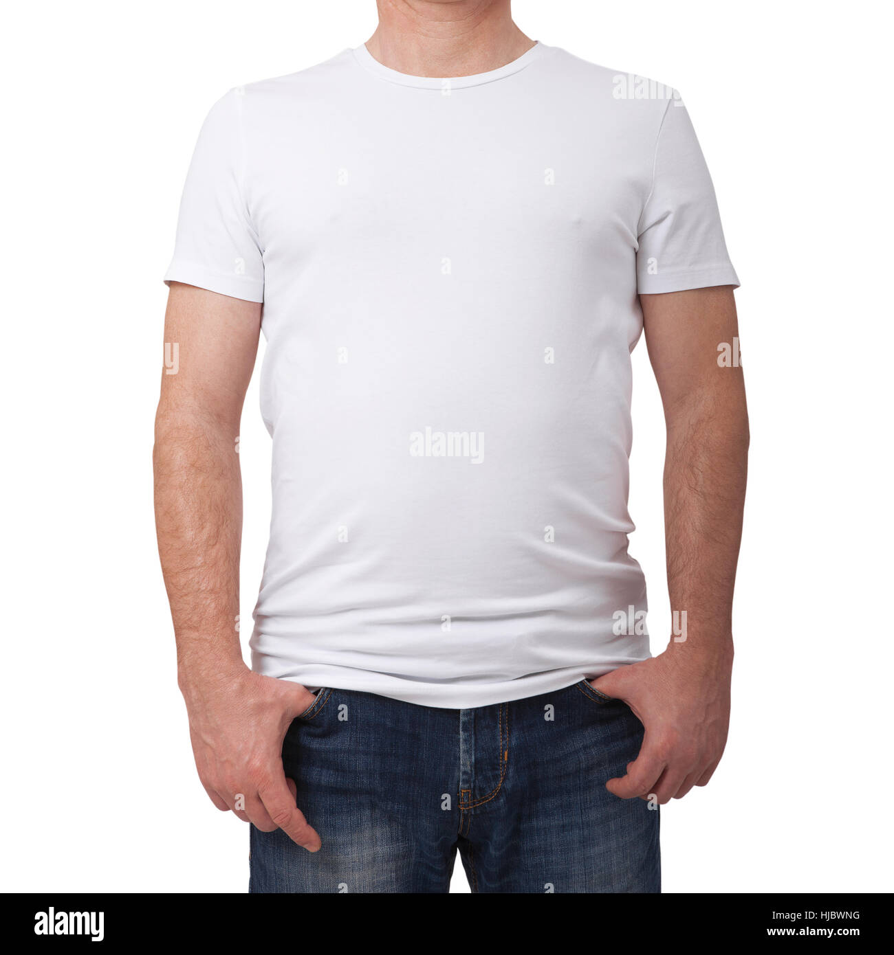 Uomo che indossa blank blu t-shirt grigia su un muro di mattoni sfondo con copia spazio. Vista frontale Foto Stock