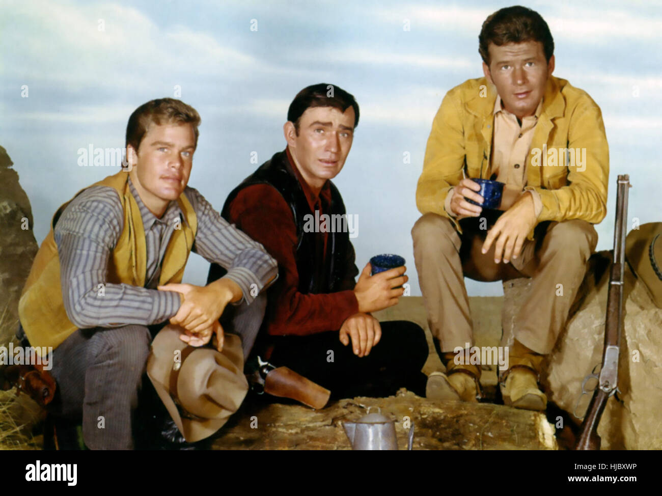 Il Virginian NBC TV serie occidentali 1962-1971 con da sinistra: Doug McClure come Trampas, James Drury come il Virginian e Gary Clarke come Steve Hill Foto Stock