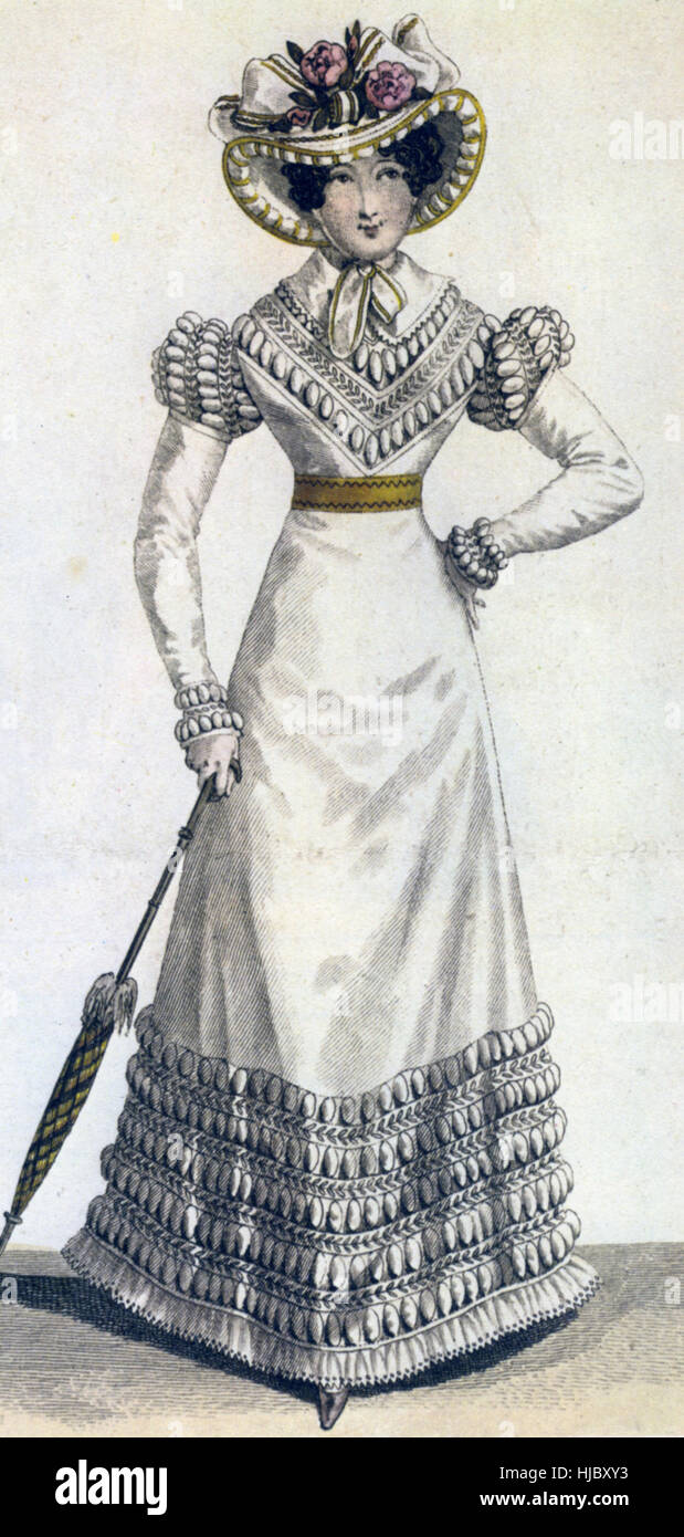 Moda femminile circa 1825 con ampia ruching come un rivestimento del corpetto e gonna hem Foto Stock