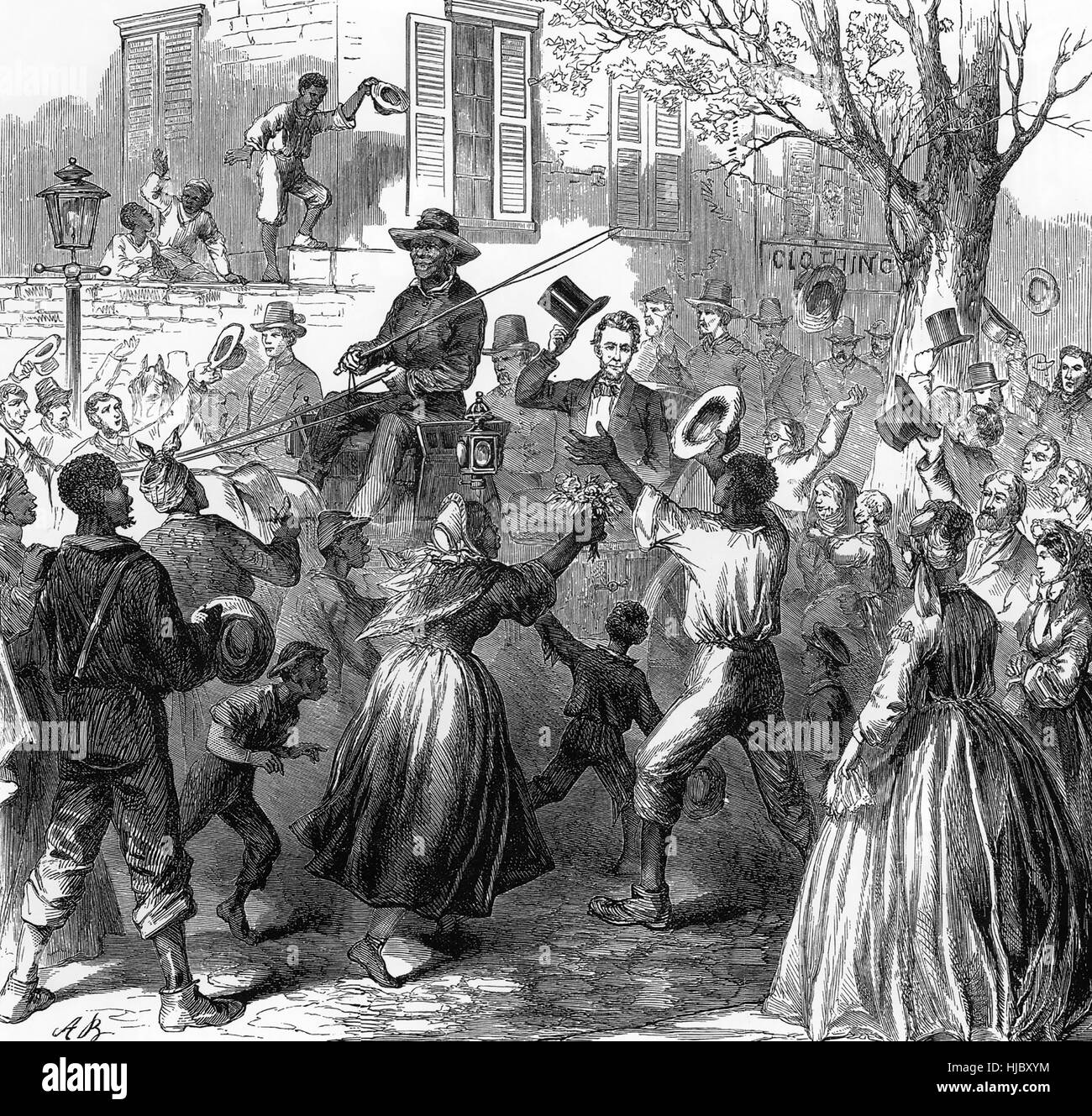 ABRAHAM LINCOLN È accolto da una folla numerosa come egli aziona attraverso Richmond, Virginia il 4 aprile 1865 Foto Stock
